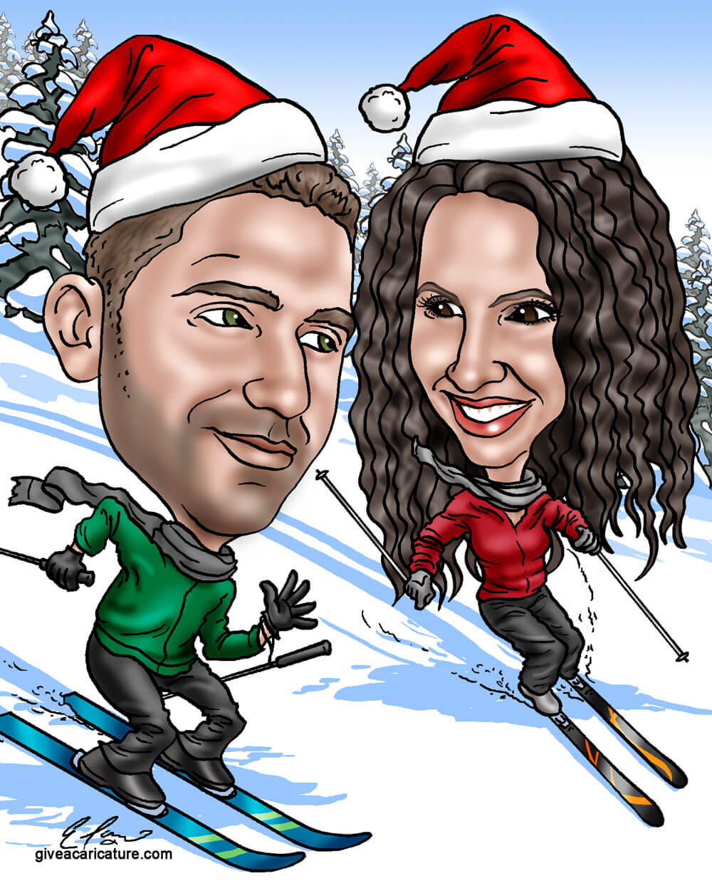 christmas caricature couple skiing