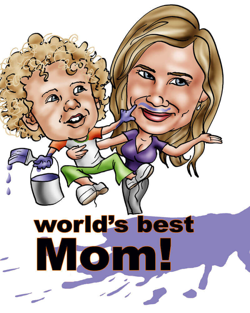 Mother's Day gift caricature holding messy kid